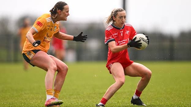 Shannen McLaughlin, Louth and Ciara Brown, Antrim, in Ladies National Football League Division 3 Final action. Photo by Ramsey Cardy/Sportsfile