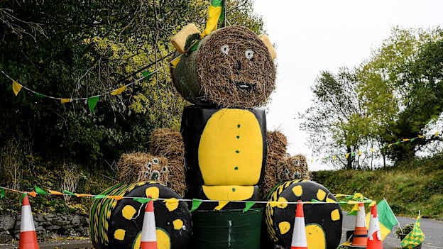Haybales in the shape of a teddy bear painted in the Inagh Kilnamona colours before the Clare County Senior Club Hurling Championship final match between Inagh-Kilnamona and Kilmaley at Zimmer Biomet Cusack Park in Ennis, Clare. Photo by John Sheridan/Sportsfile.