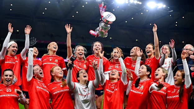 Kilkerrin-Clonberne players celebrate after their side's victory in the AIB All-Ireland Ladies Football Club Senior Club Championship final match between Kilkerrin-Clonberne of Galway and St Ergnat’s, Moneyglass of Antrim at Croke Park in Dublin. Photo by Shauna Clinton/Sportsfile.