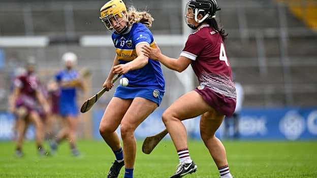 Eimear Heffernan, Tipperary, and Dervla Higgins, Galway, in All-Ireland Camogie Semi-Final action last year. Photo by Harry Murphy/Sportsfile