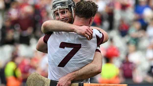 Pádraic Mannion and Ronan Glennon celebrate following Galway's All-Ireland SHC Semi-Final win over Cork at Croke Park. Photo by Ray McManus/Sportsfile