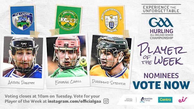Aaron Dunphy of Laois, Eoghan Cahill of Offaly, and Diarmuid of Clare are this week's GAA.ie Hurler of the Week nominees. 