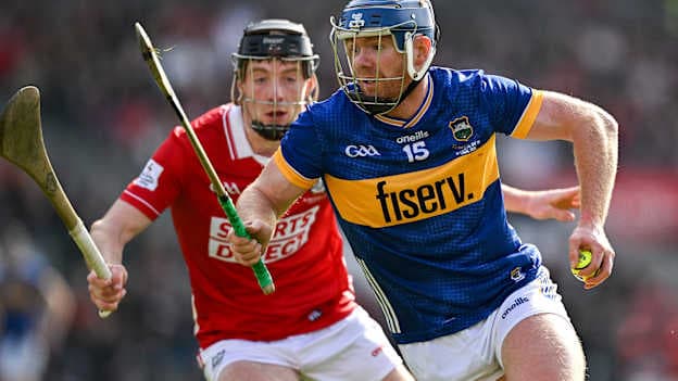 Jason Forde of Tipperary in action against Eoin Downey of Cork during the 2025 Allianz Hurling League Division 1A final match between Tipperary and Cork at SuperValu Páirc Uí Chaoimh in Cork. Photo by Brendan Moran/Sportsfile