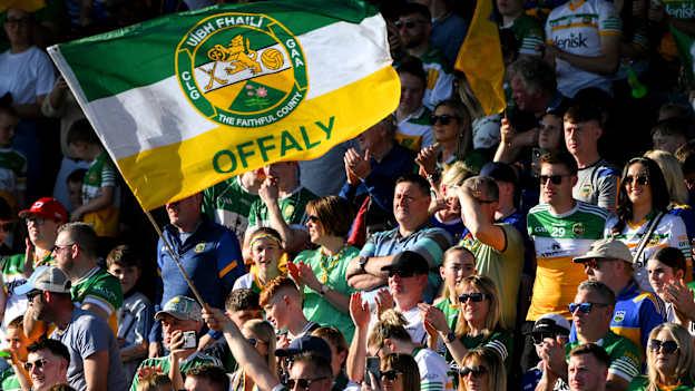An Offaly flag is flown by a supporter during the oneills.com GAA Hurling All-Ireland U20 Championship final match between Offaly and Tipperary at UPMC Nowlan Park in Kilkenny. Photo by Ray McManus/Sportsfile.