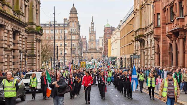 St Roch's Marching Band during the 2025 Glasgow St Patrick's Day Parade.