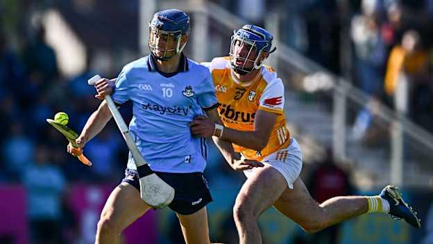 Brian Hayes of Dublin in action against Sean McKay of Antrim during the Leinster GAA Hurling Senior Championship Round 3 match between Antrim and Dublin at Corrigan Park in Belfast. Photo by Tyler Miller/Sportsfile.