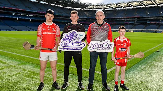 In attendance, from left, Knockbridge hurler Cormac Ludon, Louth hurler Paddy Lynch, Knockbridge U14 selector and manager Declan Fehily and Knockbridge youth hurler Cian Fehily during the Táin Óg & Cúchulainn Launch at Croke Park in Dublin. Photo by Ben McShane/Sportsfile