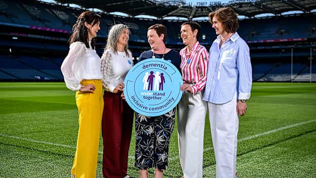 The McCague sisters, daughters of former GAA president and Monaghan manager Seán McCague, from left, Emma Flanagan, Freda McCague, Martha MacCinna, Paula McGonnell and Nuala Smyth during the GAA and HSE ‘Understand Together’ event at Croke Park in Dublin. Photo by Shauna Clinton/Sportsfile.