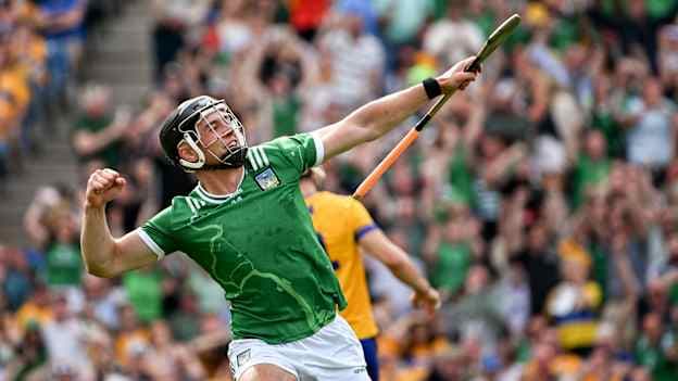 Aidan O'Connor celebrates his late goal for Limerick, in the 71st minute, during the GAA Hurling All-Ireland Senior Championship semi-final match between Clare and Limerick at Croke Park in Dublin. Photo by Ray McManus/Sportsfile.