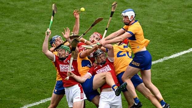 Cork players, left to right, Robbie O'Flynn, Brian Hayes, and Darragh Fitzgibbon in action against Clare players, left to right, David McInerney, John Conlon, Darragh Lohan, and Diarmuid Ryan, during the GAA Hurling All-Ireland Senior Championship Final between Clare and Cork at Croke Park in Dublin. Photo by Daire Brennan/Sportsfile.
