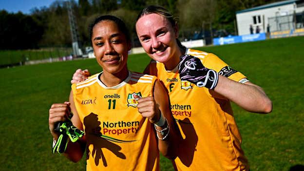 Omolara Dahunsi, left, and Ciara Brown of Antrim after their side's victory in the Lidl Ladies National Football League Division 4 semi-final match between Antrim and Leitrim at O'Raghallaigh Park in Kingscourt, Cavan. Photo by Tyler Miller/Sportsfile.