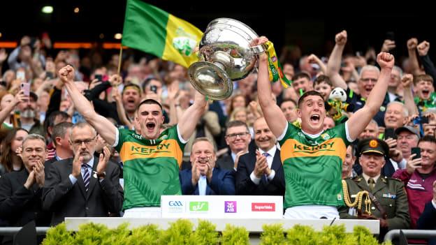 Kerry captains Seán O'Shea, left, and Joe O'Connor lifts the Sam Maguire cup after the GAA Football All-Ireland Senior Championship Final match between Kerry and Galway at Croke Park in Dublin. Photo by Stephen McCarthy/Sportsfile