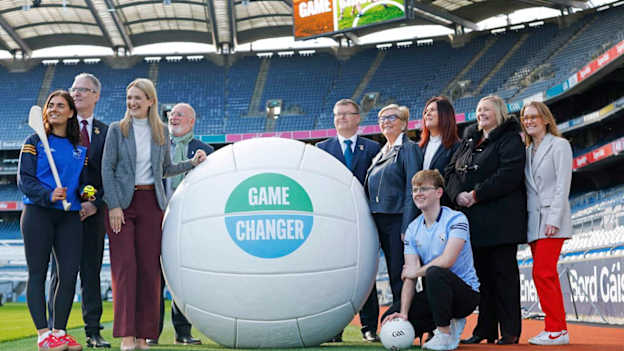 Pictured left to right at the launch of Game Changer in Croke Park were: Caitlin O'Reilly, DCU Camogie player, Jarlath Burns, GAA President, Helen McEntee TD, the then Minister for Justice,  Sean Cooke, CEO Men’s Development Network, Brian Molloy, Camogie Association President, Frances Fitzgerald, Member of the Gender Equality Advisory Committee to the G7, Kai Harte, DCU footballer, Barbara Condon, CEO of Ruhama, Lyn Savage, LGFA National Development Manager, and Dr Stephanie O’Keefe, Director of Cuan. 