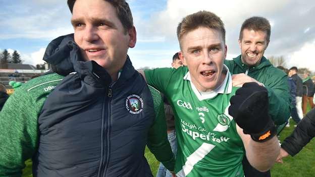 Paul Clancy and David Wynne celebrate following Maigh Cuilinn's 2022 Galway SFC success. Photo by Ray Ryan/Sportsfile
