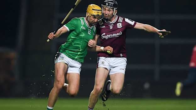 Cathal O'Neill, Limerick, and Cian Daniels, Galway, in Allianz Hurling League action. Photo by John Sheridan/Sportsfile