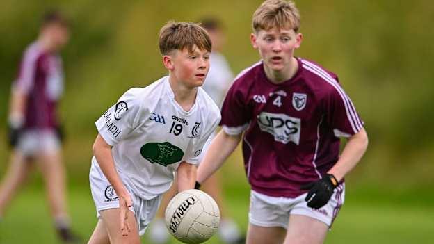 Sean Og Finn of Clane in action against Ronan McConnell of Bredagh during the John West Féile Peile na nÓg Division One Finals 2024 at the Connacht GAA Centre of Excellence in Bekan, Mayo. Photo by Ben McShane/Sportsfile.