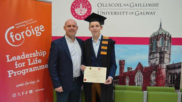 James Barrett from Sarsfields GAA club in Kildare pictured with his father Keith after receivin ghis Foundation Certificate in Youth Leadership and Community Action from NUI Galway for completing Module three of the Dermot Earley Youth Leadership Initiative. 