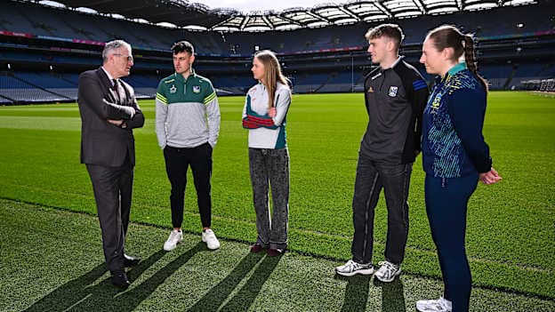 Uachtarán Chumann Lúthchleas Gael Jarlath Burns, left, with players Limerick hurler Vince Harrington, Mayo footballer Hannah Reape, Cavan footballer Patrick Lynch and Meath camogie player Róisín Heaney at Croke Park in Dublin during an announcement of the establishment of a new student bursary, agreed as part of the GAA/GPA Protocol. Photo by Piaras Ó Mídheach/Sportsfile