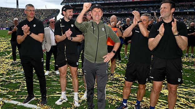 Kerry manager Jack O'Connor, and his backroom staff, from left, selector Aodán Mac Gearailt, nutritionist John O'Connor, masseur Harry O'Neill and son Cian O'Connor celebrate after the GAA Football All-Ireland Senior Championship final match between Kerry and Donegal at Croke Park in Dublin. Photo by David Fitzgerald/Sportsfile.