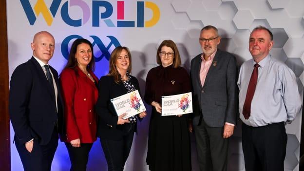 In attendance, from left, GAA international manager Charlie Harrison, Ard Stiúrthóir of the Camogie Association Sinéad McNulty, LGFA Chief Executive Officer Helen O'Rourke, Camogie Association President Hilda Breslin, Uachtarán Chumann Lúthchleas Gael Larry McCarthy and GAA World council chairperson Niall Erskine at the launch of the World GAA Strategy at Canal Court Hotel in Newry, Down. Photo by Ben McShane/Sportsfile.