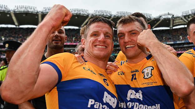 Shane O'Donnell of Clare, right, celebrates with team-mate John Conlon after their side's victory in the GAA Hurling All-Ireland Senior Championship Final between Clare and Cork at Croke Park in Dublin. Photo by Sam Barnes/Sportsfile.