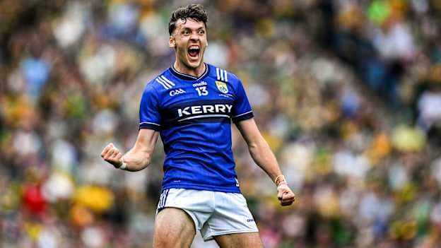 David Clifford of Kerry celebrates a late goal, scored by Joe O'Connor, during the GAA Football All-Ireland Senior Championship final match between Kerry and Donegal at Croke Park in Dublin. Photo by Ray McManus/Sportsfile.