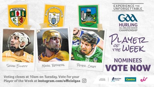 This week's nominees for GAA.ie Hurler of the Wee are Antrim's Seaan Elliott, Clare's Mark Rodgers, and Limerick's Peter Casey. 
