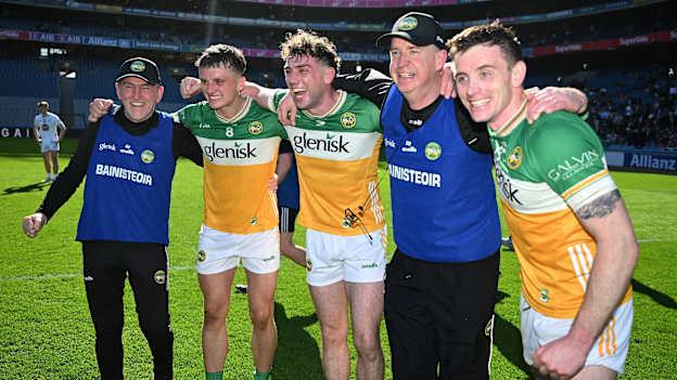 Offaly joint-manager Mickey Harte, left, and Offaly joint-manager Declan Kelly, second from right, with Offaly players, from left, Jack McEvoy, Jordan Hayes and Dylan Hyland after the Allianz Football League Division 3 final match between Kildare and Offaly at Croke Park in Dublin. Photo by Ray McManus/Sportsfile