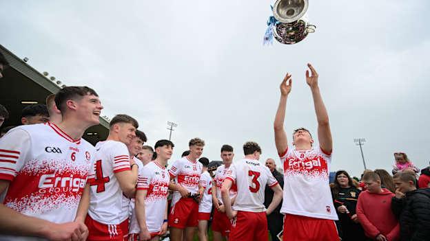 Derry captain James Sargent with the trophy after the Electric Ireland GAA All-Ireland Football Minor Championship final match between Armagh and Derry at O'Neills Healy Park in Omagh, Tyrone. Photo by Ramsey Cardy/Sportsfile.