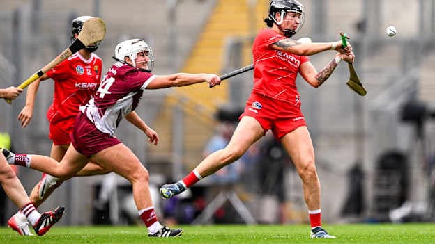 Ashling Thompson of Cork and Ailish O’Reilly of Galway during the 2025 Glen Dimplex All-Ireland Senior Camogie Championship final match between Cork and Galway at Croke Park in Dublin. Photo by Ramsey Cardy/Sportsfile.