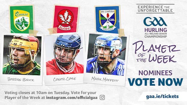 This week's GAA.ie Hurler of the Week nominees are Kerry's Jordan Brick, Derry's Conor Coyle, and Cavan's Mark Moffett. 