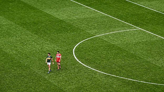 David Clifford, Kerry, and Chrissy McKaigue, Derry, during the 2024 All-Ireland SFC quarter-final at Croke Park. Photo by Piaras Ó Mídheach/Sportsfile