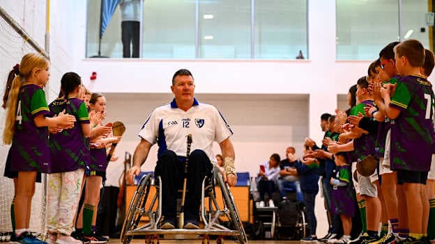 Connacht players, including Pat Carty, centre, are led out in the parade before the 2024 M. Donnelly GAA Wheelchair Hurling / Camogie All-Ireland Finals at SETU Carlow Campus Sports Hall in Carlow. Photo by Shauna Clinton/Sportsfile.