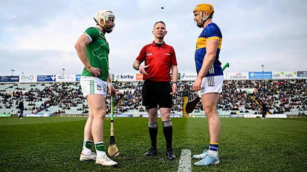 Referee Chris Mooney with captains Cian Lynch, Limerick, and Ronan Maher, Tipperary. Photo by Seb Daly/Sportsfile