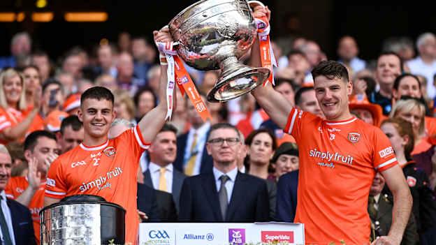 Darragh McMullan, left, and Niall Grimley of Armagh lift the Sam Maguire Cup after the GAA Football All-Ireland Senior Championship Final match between Armagh and Galway at Croke Park in Dublin. Photo by Ramsey Cardy/Sportsfile.