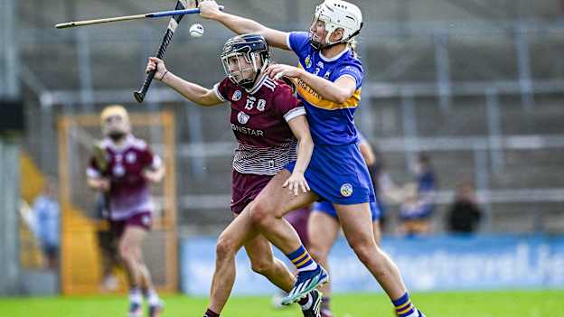Carrie Dolan, Galway, and Julieanne Bourke, Tipperary, in Glen Dimplex All-Ireland Senior Championship Semi-Final action last year. Photo by Harry Murphy/Sportsfile