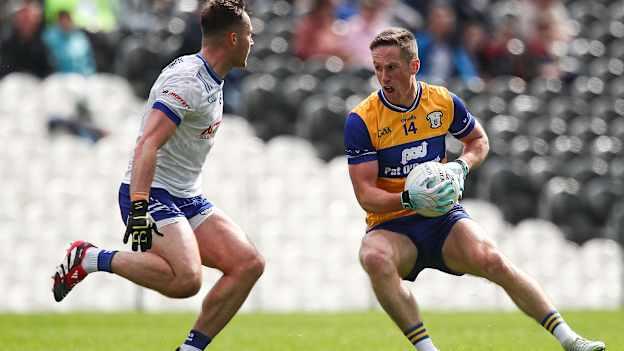 Eoin Cleary, Clare, and Dessie Ward, Monaghan, in All-Ireland SFC action at St Tiernach's Park. Photo by Michael P Ryan/Sportsfile