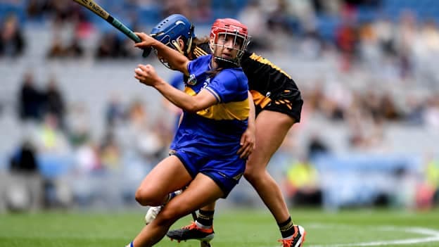 Karin Blair of Tipperary in action against Mary O'Connell of Kilkenny during the 2025 Glen Dimplex Senior All-Ireland Camogie Championship quarter-final match between Kilkenny and Tipperary at Croke Park in Dublin. Photo by John Sheridan/Sportsfile