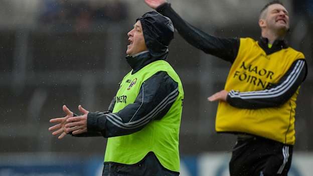 Former Clare manager Colm Collins and selector Enda Coughlan. Photo by Diarmuid Greene/Sportsfile