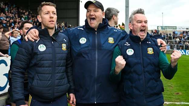 Shane Supple, Robbie Brennan, and Karl Manning pitcured following Meath's 2025 Leinster SFC win over Dublin. Photo by Ray McManus/Sportsfile