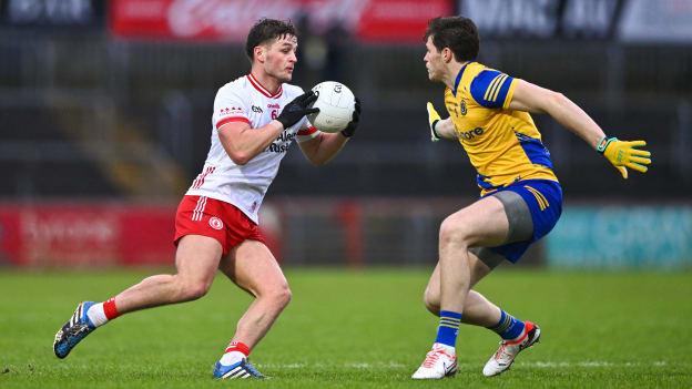 Michael McKernan of Tyrone in action against Keith Doyle of Roscommon during the Allianz Football League Division 1 match between Tyrone and Roscommon at O’Neills Healy Park in Omagh, Tyrone. Photo by Ben McShane/Sportsfile.