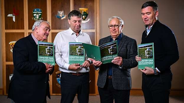In attendance are, from left, Nickey Brennan, Workgroup chair, Martin Byrne, Cathaoirleach Comhairle Laighean, Michael Reynolds, Runaí Comhairle Laighean, and William Maher, National Head of Hurling, during the Leinster GAA Hurling Championship review workgroup media briefing at the Leinster GAA Offices in Portlaoise, Laois. Photo by Seb Daly/Sportsfile.