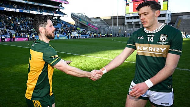 Ryan McHugh of Donegal, left, shakes hands with David Clifford of Kerry after the Allianz Football League Division 1 final match between Kerry and Donegal at Croke Park in Dublin. Photo by Seb Daly/Sportsfile.