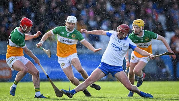 Calum Lyons, Waterford, and Eoghan Cahill, Offaly, in Allianz Hurling League action. Photo by Shauna Clinton/Sportsfile