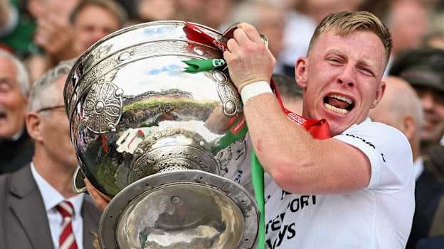 Ryan O'Donoghue of Mayo lifts the Sam Maguire Cup following the GAA Football All-Ireland Senior Championship final match between Kerry and Mayo at Croke Park in Dublin. Photo by Stephen McCarthy/Sportsfile.