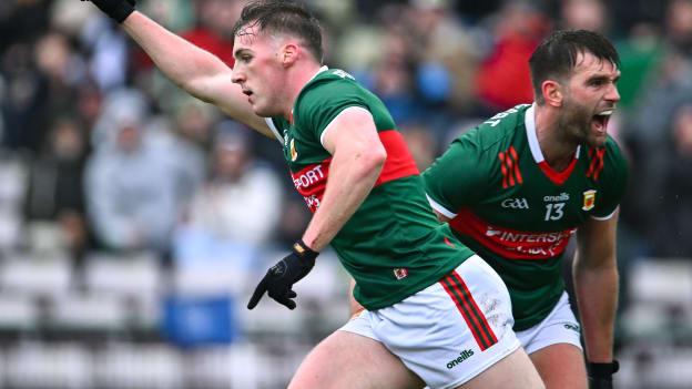 Eoghan McLaughlin of Mayo celebrates alongside team-mate Aidan O'Shea, right, after scoring his side's first goal during the Allianz Football League Division 1 match between Galway and Mayo at Pearse Stadium in Galway. Photo by Piaras Ó Mídheach/Sportsfile.