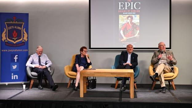 Panellists, from left, Liam Mac Mathúna, Professor of Irish at UCD, Padraigín Riggs, former Lecturer at UCC, Michael McGrath, Allumni, and Stephen McGrath, Alumni during the launch of the remarkable book The Epic Origins of Hurling, endorsed by the legendary Brian Cody. This publication presents an abridged version and translation of Scéal na hIomána, considered the definitive historical and cultural heritage, brought to life through the collaborative efforts of past pupils and the dedicated Joeys Past Pupils Union. Photo by David Fitzgerald/Sportsfile