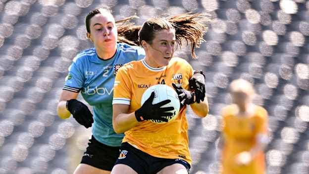 Maria O'Neill, Antrim, and Holly Gilligan, Sligo, in action during the LGFA TG4 All-Ireland Junior Championship semi-final. Photo by Tyler Miller/Sportsfile