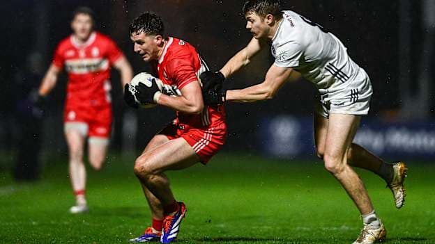 Shane McGuigan of Derry in action against Kevin Feely of Kildare during the Allianz Football League Division 2 match between Kildare and Derry at Cedral St Conleth's Park in Newbridge, Kildare. Photo by Ben McShane/Sportsfile.