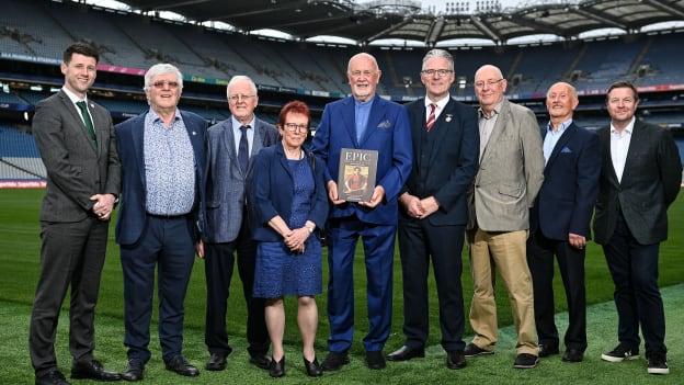 In attendance are Uachtarán Chumann Lúthchleas Gael Jarlath Burns with, from left, Sean Stack, Principal of St Josephs Fairview, David Rafferty, Alumni President, Liam Mac Mathúna, Professor of Irish at UCD, Padraigín Riggs, former Lecturer at UCC, Brendan McGrath, Allumni, Stephen McGrath, Allumni, Michael McGrath and RTÉ Presenter Darragh Maloney at Croke Park during the launch of the remarkable book The Epic Origins of Hurling, endorsed by the legendary Brian Cody. This publication presents an abridged version and translation of Scéal na hIomána, considered the definitive historical and cultural heritage, brought to life through the collaborative efforts of past pupils and the dedicated Joeys Past Pupils Union. Photo by David Fitzgerald/Sportsfile.